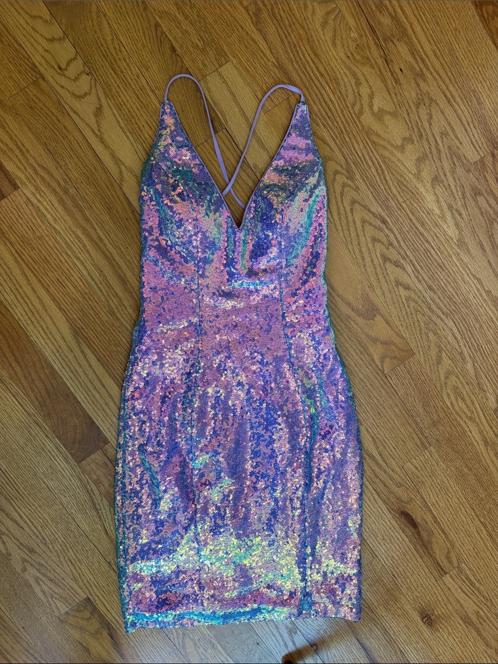 Alyce Paris Iridescent Pink/Purple V-Neck Sequin Mini Dress w/Adjustable Straps